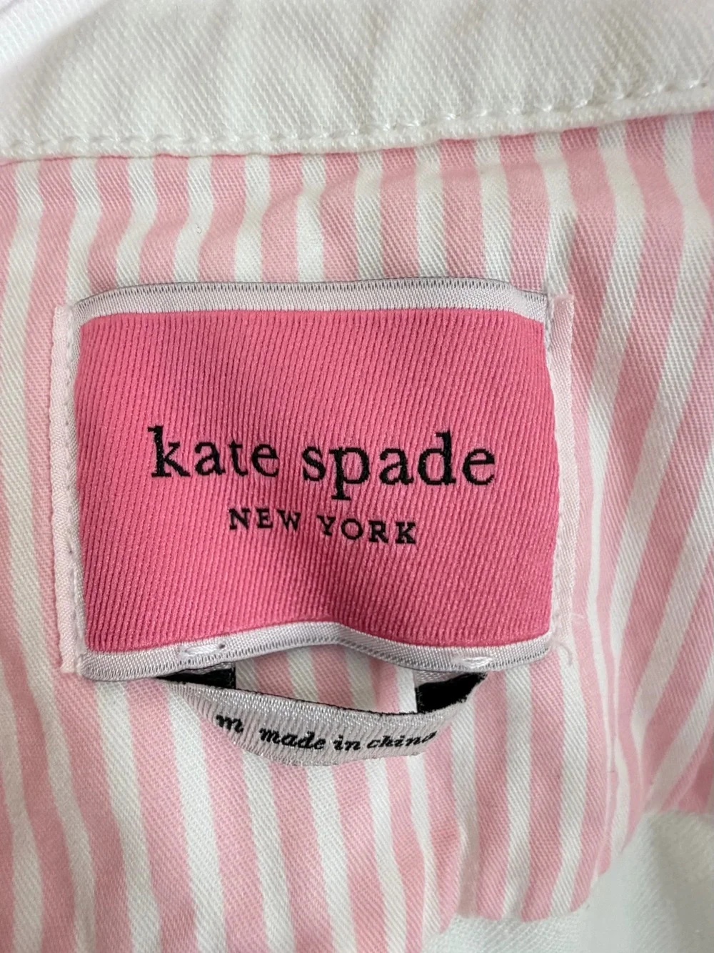 Kate Spade New York White Denim Jean Jacket M Pink Stripe Cuffs Gold Buttons